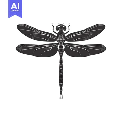 Aset desain premium: Black and White Silhouette of a Dragonfly with Spread Wings
