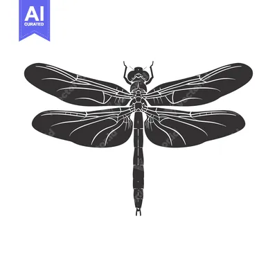 Aset desain premium: Black and White Silhouette of a Dragonfly with Spread Wings