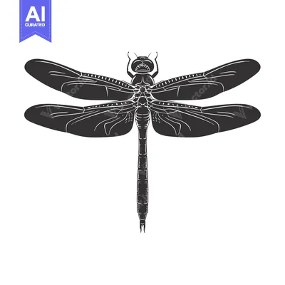 Aset desain premium: Black and White Silhouette of a Dragonfly with Spread Wings