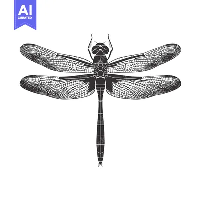 Aset desain premium: Black and White Illustration of a Dragonfly with Spread Wings
