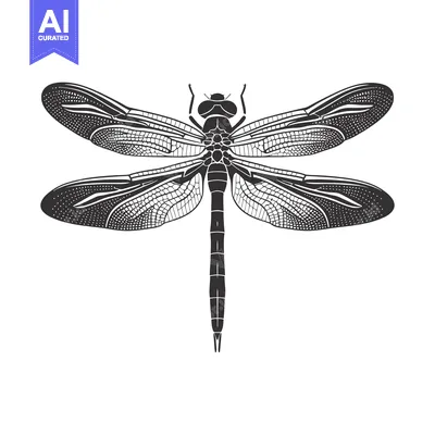 Aset desain premium: Black and White Illustration of a Dragonfly with Detailed Wings