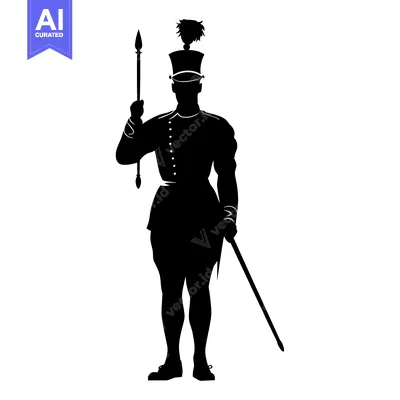 Aset desain premium: Silhouette of a Male Figure in Military Uniform Holding a Spear and a