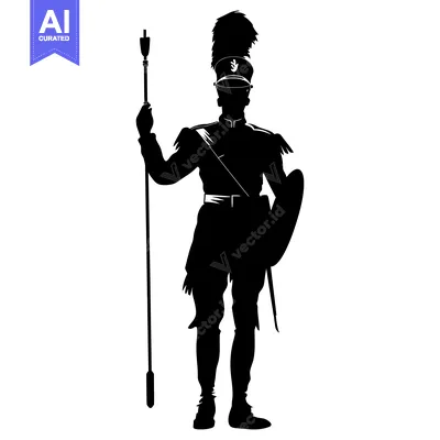 Aset desain premium: Silhouette of a Marching Band Member Holding a Baton and Shield