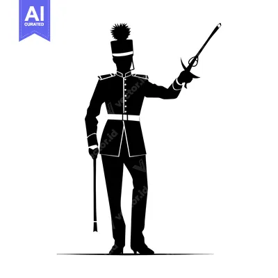 Aset desain premium: Silhouette of a Military Officer Holding a Rifle and a Cane