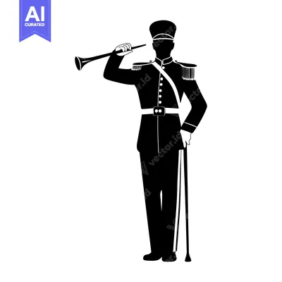 Aset premium populer: Silhouette of a military man in uniform holding a trumpet and a stick