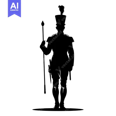 Aset desain premium: Silhouette of a Drum Major in Uniform Holding a Baton