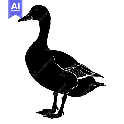 Aset desain premium: Black and White Silhouette of a Duck Standing on a White Background