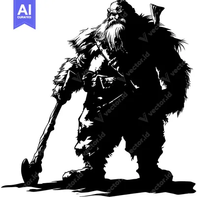 Aset desain premium: Silhouette of a Bearded Man Holding an Axe and Rifle