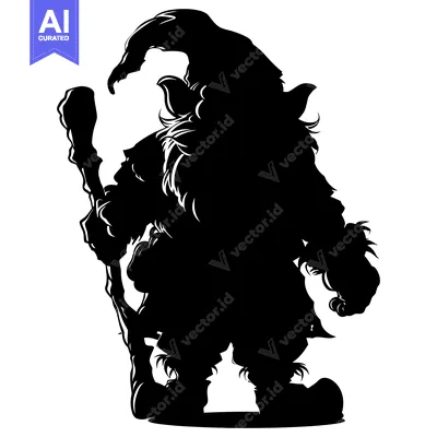 Aset desain premium: Silhouette of a Fantasy Gnome Holding a Staff