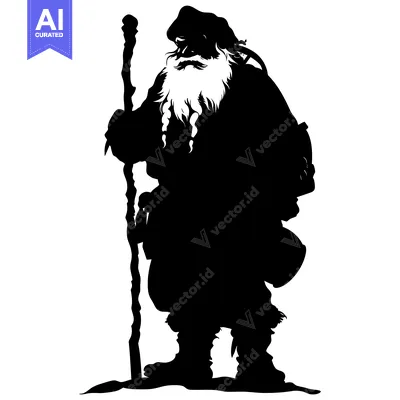 Premium design asset: Silhouette of a bearded man in a hooded cloak, holding a staff