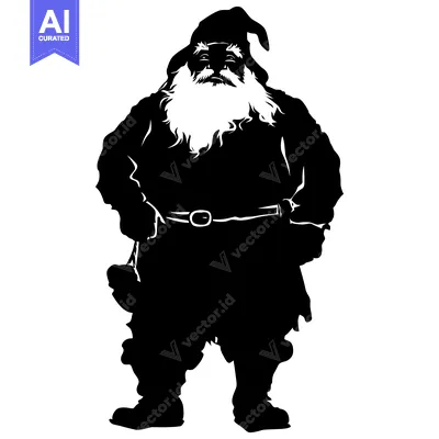 Silhouette of a Standing Santa Claus with a Beard and Hat