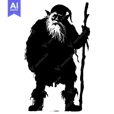 Silhouette of a Bearded, Pointed-Eared Figure with a Staff