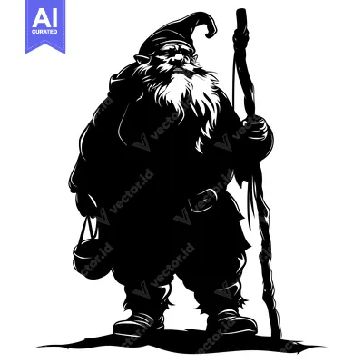 Aset desain premium: Silhouette of a Bearded Dwarf Holding a Staff and a Bag