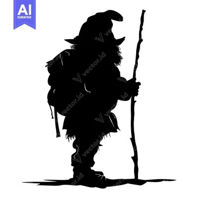 Aset desain premium: Silhouette of a Dwarf with a Backpack and Staff