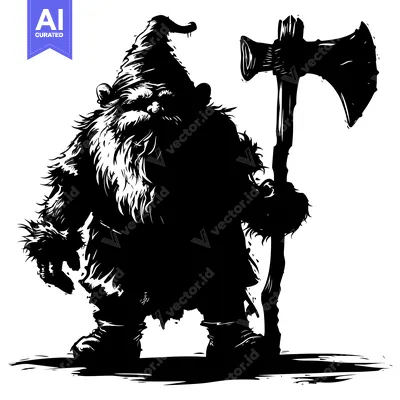 Aset desain premium: A Black and White Illustration of a Bearded Dwarf Holding an Axe