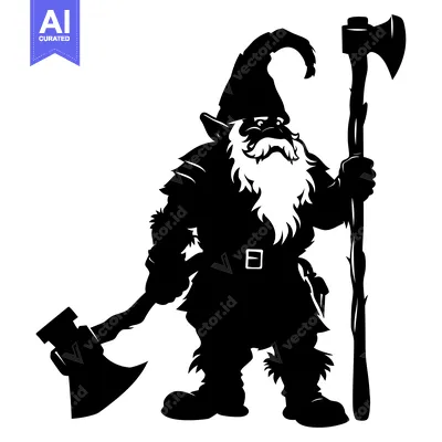 Aset premium populer: Silhouette of a Bearded Dwarf Holding an Axe and Standing with a Staff