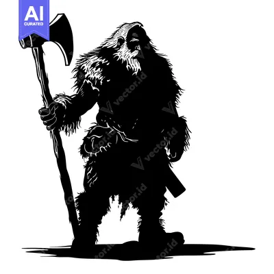 Aset desain premium: Silhouette of a Furry Barbarian Warrior Holding an Axe