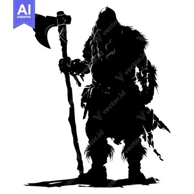 Aset desain premium: Black and White Silhouette of a Viking Warrior Holding an Axe