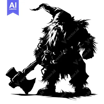 Aset desain premium: A Silhouetted Dwarf with an Axe, Standing with a Determined Expression