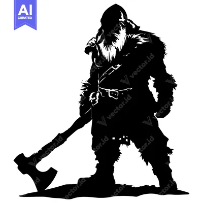 Premium design asset: Black and White Silhouette of a Bearded Viking Warrior Holding an Axe