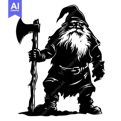 Premium design asset: Black and White Illustration of a Dwarf with an Axe