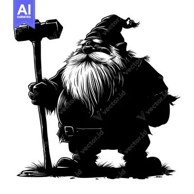 Aset desain premium: Black and White Silhouette of a Gnome Holding a Hammer