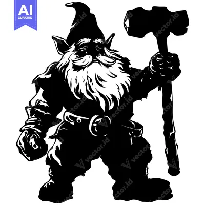 A Black and White Silhouette of a Mighty Dwarf Holding a Hammer