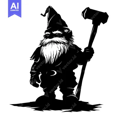 Aset desain premium: A Black and White Silhouette of a Gnome Holding a Hammer