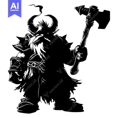 Aset desain premium: Silhouette of a Stout Dwarf Warrior Holding a Large Axe