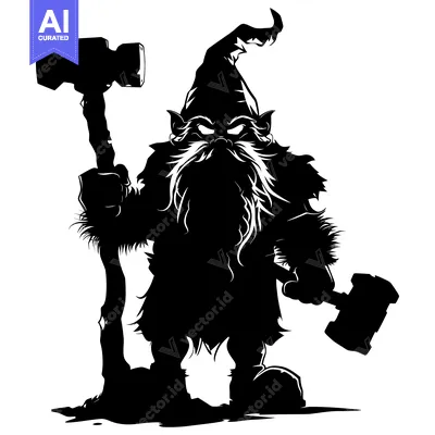 Premium design asset: A Black and White Silhouette of a Ferocious Gnome Holding Two Hammers