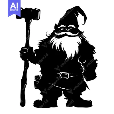 Aset desain premium: Black and White Silhouette of a Dwarf Holding a Hammer