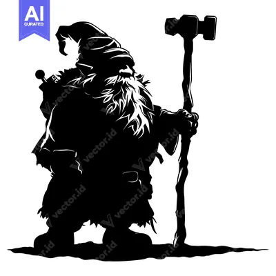 Black and White Silhouette of a Dwarf Holding a Hammer