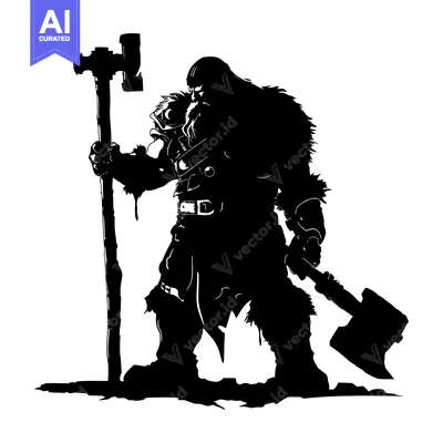 Aset desain premium: Silhouette of a Bearded Warrior Holding a Large Hammer