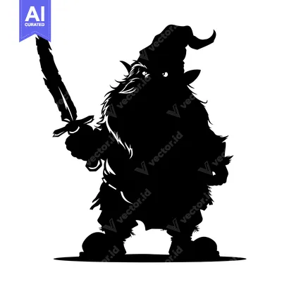 Aset desain premium: Black and White Silhouette of a Dwarf Holding a Sword