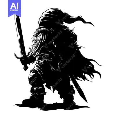 Aset premium populer: Black and White Silhouette of a Bearded Dwarf Warrior with a Sword