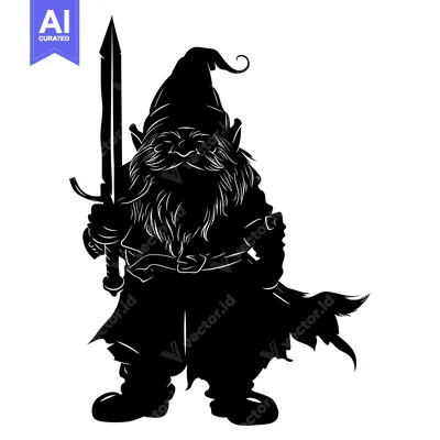 Aset desain premium: A Black and White Silhouette of a Dwarf Warrior Holding a Sword