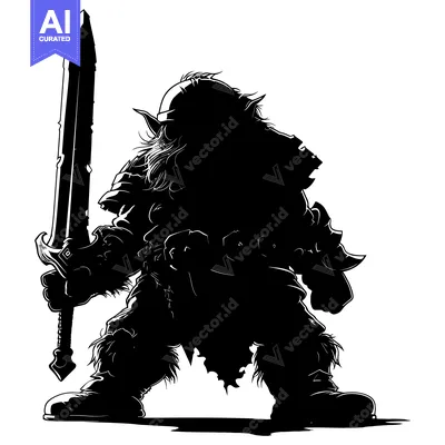 Aset desain premium: Silhouette of a warrior dwarf wielding a sword