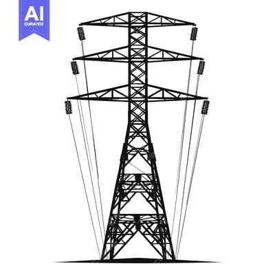Aset desain premium: Silhouette of a Tall Power Transmission Tower with Wires
