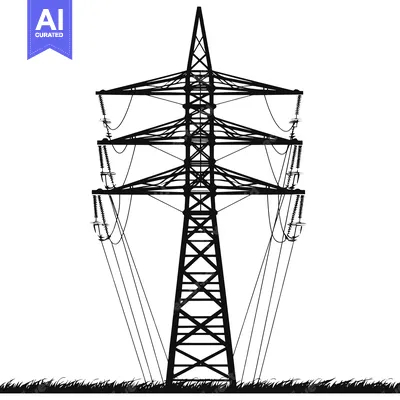Aset desain premium: Silhouette of a Tall Power Transmission Tower with Wires