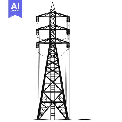 Aset desain premium: Silhouette of a Tall Power Transmission Tower with Wires