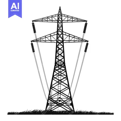 Black and white silhouette of an electricity pylon in a field of grass