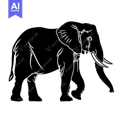 Aset desain premium: Black and White Silhouette of an Elephant with Large Ears and Tusks