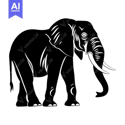 Aset desain premium: Black and White Silhouette of an Elephant Standing