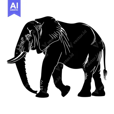 Aset desain premium: Black and White Silhouette of an Elephant Walking