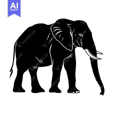 Black and White Silhouette of an Elephant with Trunk Up