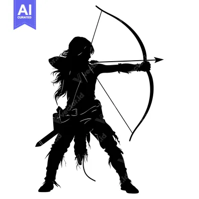 Aset desain premium: Silhouette of a Woman Aiming a Bow and Arrow