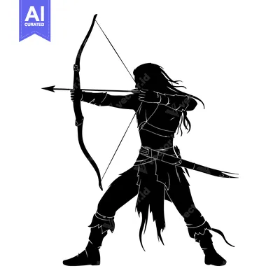 Aset desain premium: Silhouette of a Female Archer Aiming with a Bow and Arrow