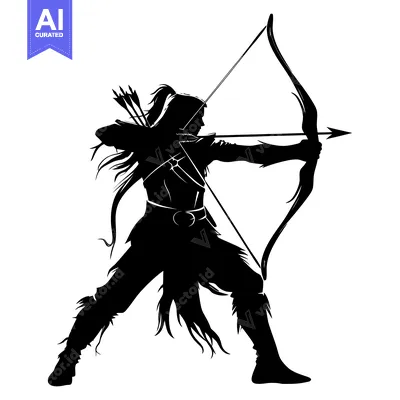 Aset desain premium: Silhouette of a Female Archer Holding a Bow and Arrow