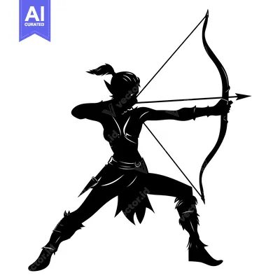 Aset desain premium: Silhouette of a Female Elf Archer Aiming an Arrow