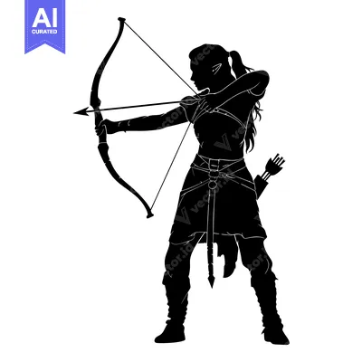 Aset desain premium: Silhouette of a Female Elf Archer Aiming a Bow and Arrow